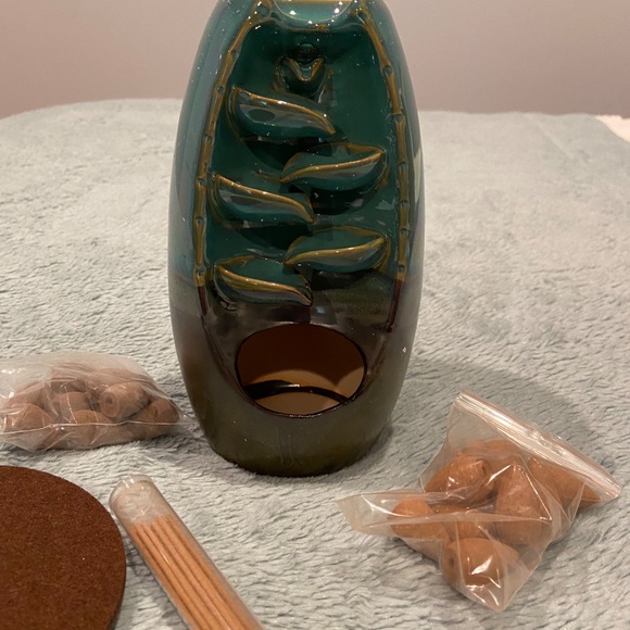 9" Ceramic Backflow Incense Burner – Turquoise & Brown Waterfall Holder + Incens - Picture 2 of 10